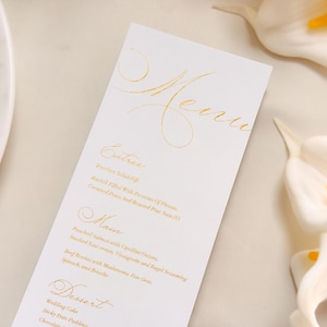 Gepersonaliseerde bruiloftsmenu - tafeldecor, bruiloftsmenu voor gasten, goudfoliemenu, menu zilverfolie, aangepast menu voor bruiloft