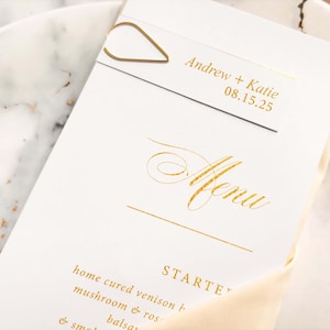Cardápio de casamento personalizado - Cardápio de casamento impresso em papel alumínio, Cardápio com marcadores de lugar, Decoração de mesa, Modelo de cardápio, Cardápio de papel premium