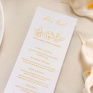 Menu weselne dla zwierząt - spersonalizowane menu weselne, menu weselne drukowane folią, ilustracje zwierząt, spersonalizowane menu papierowe, dekoracje stołu, karta menu