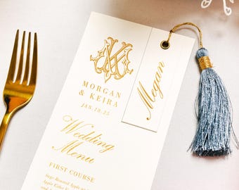 Custom Wedding Menu with Place cards - Monogram Foil Printed Wedding Menu, Wedding Table Décor, Menus With Guest Name, Wedding Paper Menus