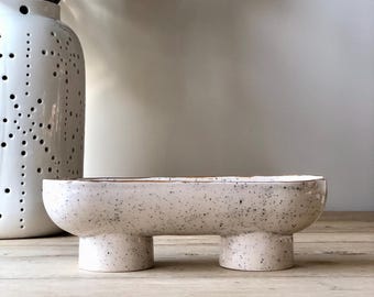 Ceramic Modern White Pedestal Bowl - Oval Ceramic Centerpiece Serving Dish- Ceramic Serving Bowl - Modern Handmade Serving Platter