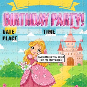 Convites de aniversário temáticos de princesa - Convites de festa personalizáveis para preencher espaços em branco - A5 para impressão ou impressos (pacote com 20)