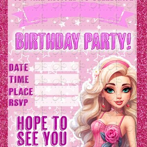 Barbie Thema Geburtstagseinladungen - anpassbare 1-seitige Party einladen - druckbar oder gedruckt (20er-Pack) - Füllen Sie die Lücken Design aus