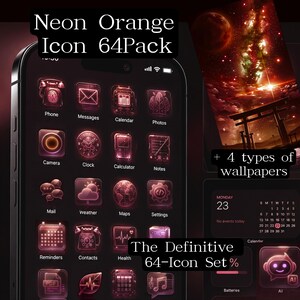 Pode incluir: Uma tela digital de smartphone exibindo um Neon Orange Icon 64Pack com vários ícones de aplicativos, incluindo telefone, mensagens e calendário. O conjunto inclui 4 tipos de papéis de parede e é rotulado como The Definitive 64-Icon Set.