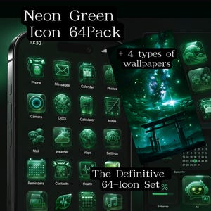May include: A digital display of a smartphone interface featuring a Neon Green Icon 64Pack with 4 types of wallpapers. The screen shows various app icons in a glowing green aesthetic, including phone, messages, calendar, and weather, with the text The Definitive 64-Icon Set.