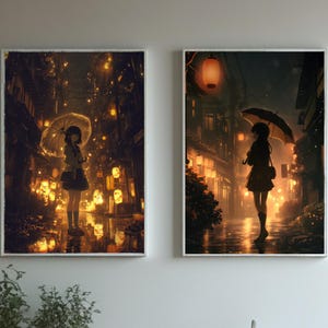 Könnte beinhalten: Zwei gerahmte Kunstdrucke zeigen Illustrationen im Anime-Stil einer Person in einer regnerischen Straßenszene. Der erste zeigt eine Person mit einem Regenschirm, der zweite zeigt eine Person mit einem Regenschirm. Beide Szenen zeigen leuchtende Laternen.