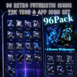 May include: A digital collection of 96 retro futuristic Y2K tech and app icons displayed on a smartphone screen. The set includes various icons for phone, camera, music, and games, plus 4 bonus wallpapers featuring a robotic character design.