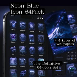 Może przedstawiać: Ekran smartfona prezentujący Neon Blue Icon 64Pack z jarzącymi się niebieskimi ikonami aplikacji na ciemnym tle. Zestaw zawiera 4 rodzaje tapet oraz tekst Neon Blue Icon 64Pack i The Definitive 64-Icon Set.