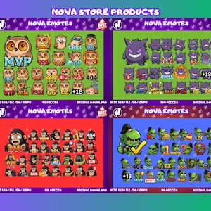 Puede incluir: Un gr&aacute;fico de descarga digital que presenta cuatro conjuntos de Nova Emotes. Los emotes incluyen varios personajes de dibujos animados y texto como "MVP", "OMG" y "404". El fondo es una mezcla de morado, rojo y verde.