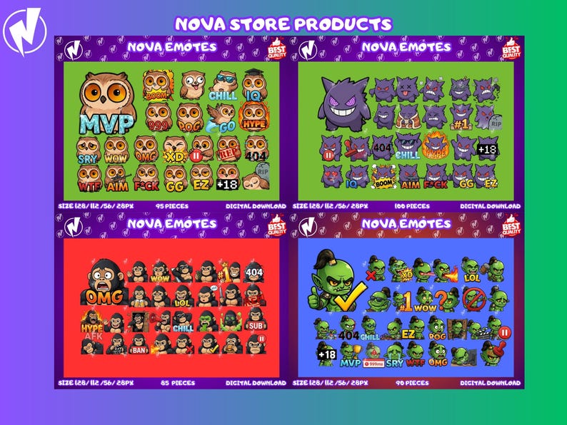 Puede incluir: Un gr&aacute;fico de descarga digital que presenta cuatro conjuntos de Nova Emotes. Los emotes incluyen varios personajes de dibujos animados y texto como "MVP", "OMG" y "404". El fondo es una mezcla de morado, rojo y verde.