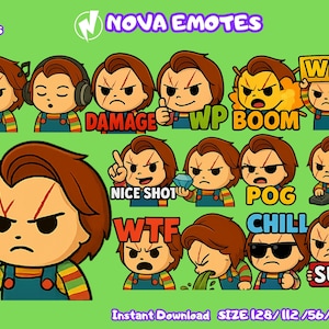 May include: A collection of 12 cartoon-style emotes featuring a character with brown hair and overalls, each with a different expression and text bubble. The emotes include phrases like "DAMAGE", "WIN", and "WTF", set against a green background.