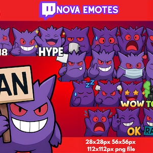 May include: A collection of purple cartoon character emotes with various expressions, including "HYPE", "BAN", and "WOW TOXIC". The image includes the text "NOVA EMOTES" and size specifications for the PNG files.