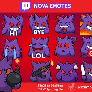 Puede incluir: Un conjunto de 36 emoticonos de personajes de dibujos animados morados con diversas expresiones, incluyendo "HI", "BYE" y "LOL", sobre un fondo degradado rojo. El texto "NOVA EMOTES" est&aacute; en la parte superior. Disponible como archivo PNG de 28x28px, 56x56px y 112x112px.