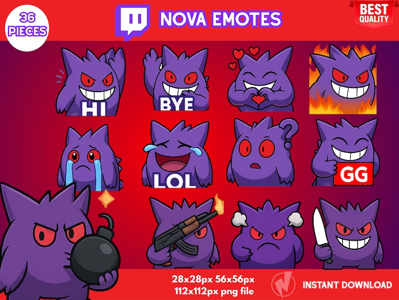Puede incluir: Un conjunto de 36 emoticonos de personajes de dibujos animados morados con diversas expresiones, incluyendo "HI", "BYE" y "LOL", sobre un fondo degradado rojo. El texto "NOVA EMOTES" est&aacute; en la parte superior. Disponible como archivo PNG de 28x28px, 56x56px y 112x112px.