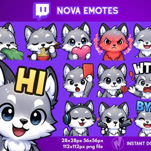 May include: A collection of 40 Nova emotes featuring a cartoon wolf with various expressions. The emotes include the wolf eating, holding a heart, angry, crying, and more. Text includes "HI", "WTF?", and "BYE".