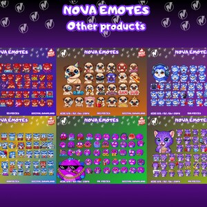 Puede incluir: Un conjunto de emotes digitales con personajes de dibujos animados y animales, incluyendo un le&oacute;n de fuego, pugs, gatos azules y un leopardo morado. Los emotes est&aacute;n agrupados en conjuntos con textos como "HYPE", "BAN SUB" y "GG EZ".