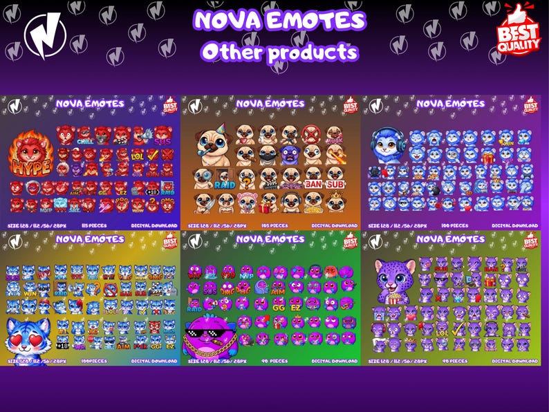 Puede incluir: Un conjunto de emotes digitales con personajes de dibujos animados y animales, incluyendo un le&oacute;n de fuego, pugs, gatos azules y un leopardo morado. Los emotes est&aacute;n agrupados en conjuntos con textos como "HYPE", "BAN SUB" y "GG EZ".