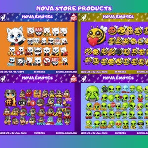 Puede incluir: Una exhibici&oacute;n de productos digitales con cuatro paneles de "NOVA EMOTES". Cada panel muestra varios conjuntos de emojis, incluyendo gatos, abejas, extraterrestres y personajes humanos. Los paneles son morados con texto blanco, y cada conjunto incluye m&uacute;ltiples dise&ntilde;os de emojis. El texto "DIGITAL DOWNLOAD" es visible.