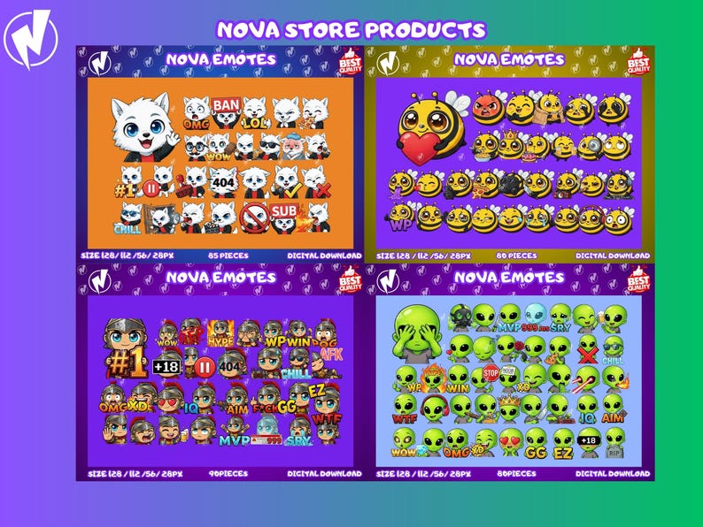 Puede incluir: Una exhibici&oacute;n de productos digitales con cuatro paneles de "NOVA EMOTES". Cada panel muestra varios conjuntos de emojis, incluyendo gatos, abejas, extraterrestres y personajes humanos. Los paneles son morados con texto blanco, y cada conjunto incluye m&uacute;ltiples dise&ntilde;os de emojis. El texto "DIGITAL DOWNLOAD" es visible.