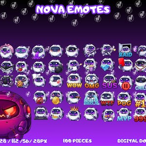May include: A digital download graphic featuring a collection of Nova Emotes. The emotes are small, round characters with white bodies, purple accents, and various expressions. Text includes "NOVA EMOTES", "BEST QUALITY", "SIZE 128/112/56/28PX", "100 PIECES", and "DIGITAL DOWNLOAD".