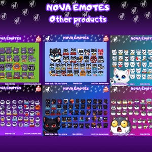 Puede incluir: Imagen promocional que muestra Nova Emotes digitales. La imagen presenta varios conjuntos de emotes con diferentes personajes, incluyendo un fantasma morado, un husky y un gato. El texto "NOVA EMOTES" y "Other products" es visible.