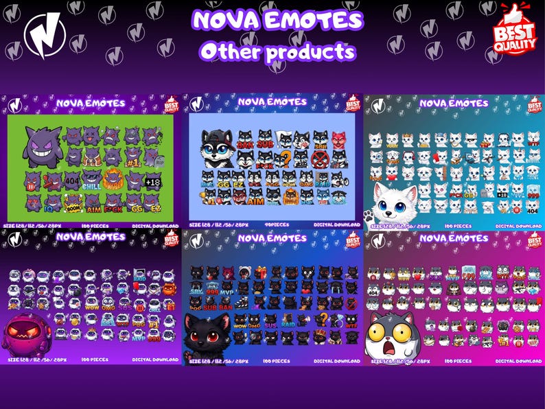 Puede incluir: Imagen promocional que muestra Nova Emotes digitales. La imagen presenta varios conjuntos de emotes con diferentes personajes, incluyendo un fantasma morado, un husky y un gato. El texto "NOVA EMOTES" y "Other products" es visible.