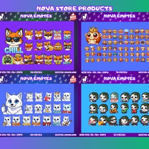 Puede incluir: Descarga digital con cuatro conjuntos de Nova Emotes. Los emotes incluyen varios personajes de dibujos animados como zorros, monos, gatos y personajes con maquillaje verde y blanco. Cada conjunto tiene un n&uacute;mero diferente de piezas.