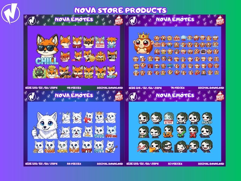 Puede incluir: Descarga digital con cuatro conjuntos de Nova Emotes. Los emotes incluyen varios personajes de dibujos animados como zorros, monos, gatos y personajes con maquillaje verde y blanco. Cada conjunto tiene un n&uacute;mero diferente de piezas.
