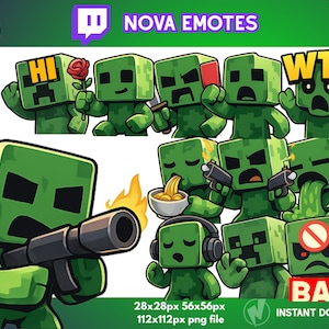 Chibi Creeper Twitch Emotes: Streamer/Discord Emoji Pack (Instant Download PNGs)