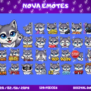 Op de afbeelding: Een verzameling digitale wolf-emotes met verschillende uitdrukkingen en tekstoverlays. De emotes tonen een cartoonwolf met blauwe ogen, in verschillende poses, en met tekst als "WOW", "BOOM" en "STOP". De afbeelding bevat de tekst "NOVA EMOTES" en "DIGITALE DOWNLOAD."