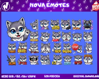 Paquete de emoticonos de lobo, emoticonos PNG para Twitch, paquete de emoticonos para Discord, emoji de lobo chibi para streamers, emoticonos de patada, emoticonos PNG estáticos, descarga instantánea