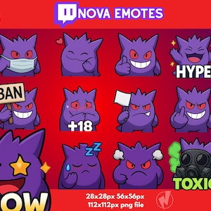 Puede incluir: Un conjunto de 36 emoticonos de personajes de dibujos animados morados con diversas expresiones, incluyendo una mascarilla, un pulgar hacia arriba y un cartel que dice "BAN". Tambi&eacute;n se muestra la palabra "HYPE". La imagen incluye el texto "NOVA EMOTES".