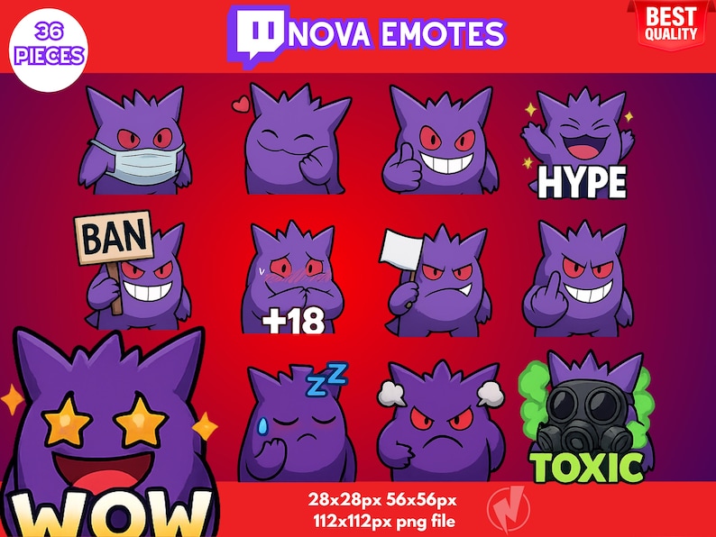Puede incluir: Un conjunto de 36 emoticonos de personajes de dibujos animados morados con diversas expresiones, incluyendo una mascarilla, un pulgar hacia arriba y un cartel que dice "BAN". Tambi&eacute;n se muestra la palabra "HYPE". La imagen incluye el texto "NOVA EMOTES".