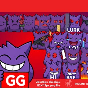 Puede incluir: Colecci&oacute;n de personajes de dibujos animados morados con diversas expresiones y accesorios, incluyendo auriculares, una rosa, una pistola y gafas de sol. La imagen incluye el texto "GG", "HI", "BYE" y "LURK". Fondo rojo.