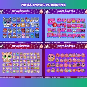 Puede incluir: Una exhibici&oacute;n digital de productos con cuatro paneles de Nova Emotes. Cada panel muestra emoticonos de dibujos animados con diversas expresiones, incluyendo gatos, lobos y otros personajes. El texto "NOVA STORE PRODUCTS" y "NOVA EMOTES" es visible.