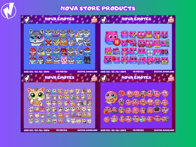 Puede incluir: Una exhibici&oacute;n digital de productos con cuatro paneles de Nova Emotes. Cada panel muestra emoticonos de dibujos animados con diversas expresiones, incluyendo gatos, lobos y otros personajes. El texto "NOVA STORE PRODUCTS" y "NOVA EMOTES" es visible.