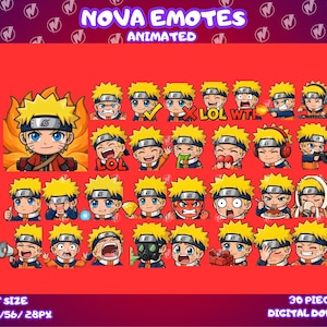 May include: A collection of 30 animated digital emotes featuring a cartoon character with spiky yellow hair and a headband. The text reads NOVA EMOTES ANIMATED, BEST QUALITY, and GIF SIZE 128/112/56/28PX. The emotes show various expressions and actions.