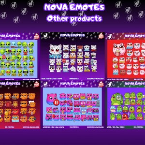 Puede incluir: Imagen promocional que muestra una variedad de Nova Emotes digitales. La imagen presenta varios conjuntos de emoticonos, incluyendo extraterrestres, gatos, h&aacute;msters, perros y cuadrados rosas, cada uno con diferentes expresiones y texto. El fondo es un degradado p&uacute;rpura.