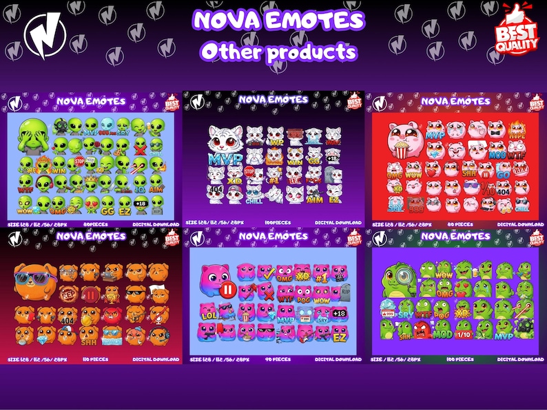 Puede incluir: Imagen promocional que muestra una variedad de Nova Emotes digitales. La imagen presenta varios conjuntos de emoticonos, incluyendo extraterrestres, gatos, h&aacute;msters, perros y cuadrados rosas, cada uno con diferentes expresiones y texto. El fondo es un degradado p&uacute;rpura.