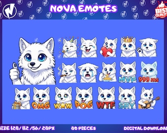 White wolf Emote Pack, Bundle for Streamers, Chibi Emotes for Twitch, Discord, Kick, Streamer Emoji Pack, Static, Instant Digital Downloads