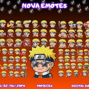 Op de afbeelding: Een verzameling van 90 digitale emotes met een stripfiguur met stekelig blond haar en blauwe ogen in verschillende uitdrukkingen. De tekst NOVA EMOTES, BEST QUALITY en SIZE 128/112/56/28PX 90PIECES DIGITAL DOWNLOAD is zichtbaar.