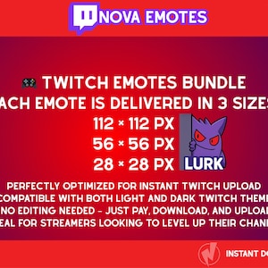Puede incluir: Un gr&aacute;fico rojo y morado que promociona emotes de Twitch. El texto dice "Twitch Emotes Bundle" y "Cada emote se entrega en 3 tama&ntilde;os: 112 x 112 px, 56 x 56 px, 28 x 28 px." Se muestra un personaje de dibujos animados morado.