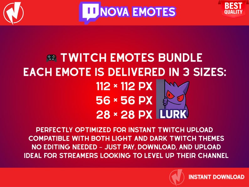 Puede incluir: Un gr&aacute;fico rojo y morado que promociona emotes de Twitch. El texto dice "Twitch Emotes Bundle" y "Cada emote se entrega en 3 tama&ntilde;os: 112 x 112 px, 56 x 56 px, 28 x 28 px." Se muestra un personaje de dibujos animados morado.