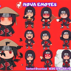 Peut inclure: Un ensemble de 11 émoticônes numériques représentant un personnage de style chibi avec des cheveux noirs, un bandeau et une cape noire à motifs de nuages rouges. Le personnage est illustré dans diverses poses, mangeant, buvant et portant un chapeau.