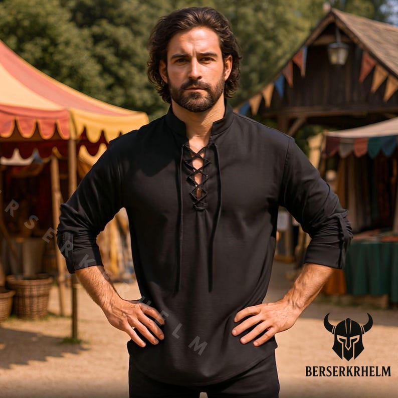Black Medieval Lace up Shirt Linen Cotton Blend Ren Faire Viking Tunic ...
