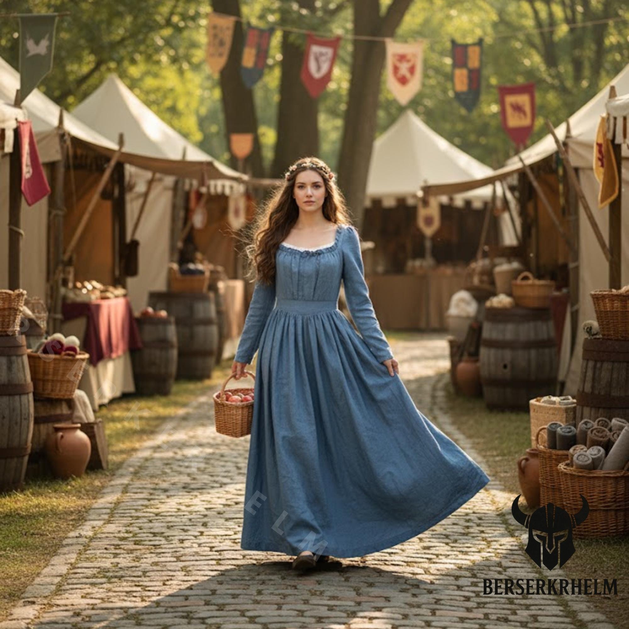 Medieval Blue Linen Dress – Renaissance Fair Gown for Women ...