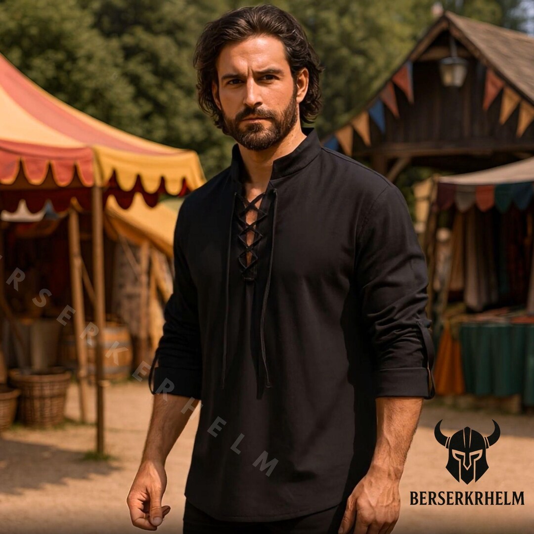 Black Medieval Lace up Shirt Linen Cotton Blend Ren Faire Viking Tunic ...