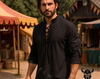 Black Medieval Lace Up Shirt Linen Cotton Blend Ren Faire Viking Tunic Men Costume