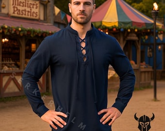 May include: Navy blue long-sleeve shirt with a lace-up neckline. The shirt has long sleeves and a relaxed fit. The Berserkrhelm logo is visible in the bottom right corner. The shirt is made of a soft, comfortable material.