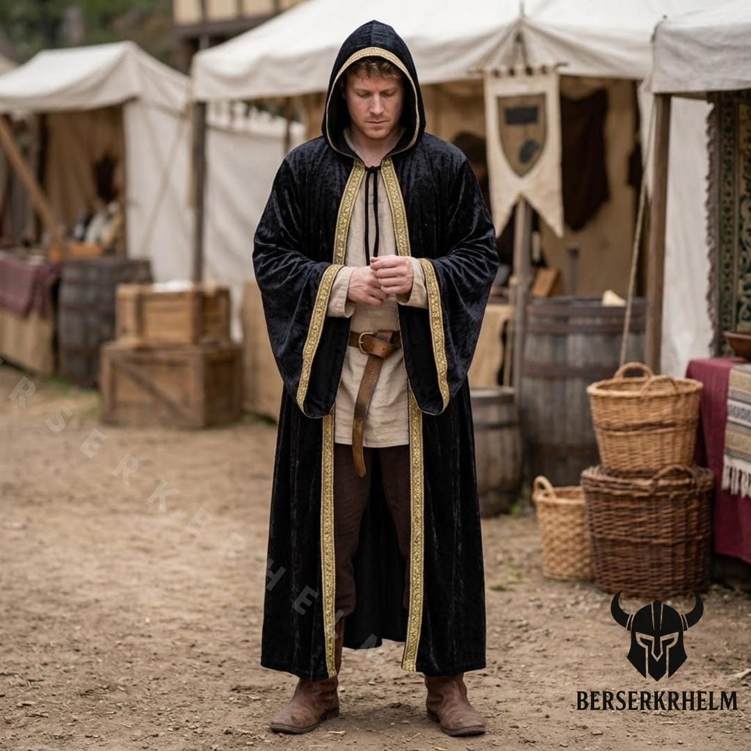 Knight's Cloak Mens Medieval Hooded Cloak – Renaissance Cape, LARP Fantasy Costume ...